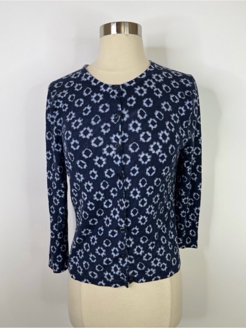 Garnet Hill 100% Merino Wool Navy Patterned Button-Front Women's Cardigan